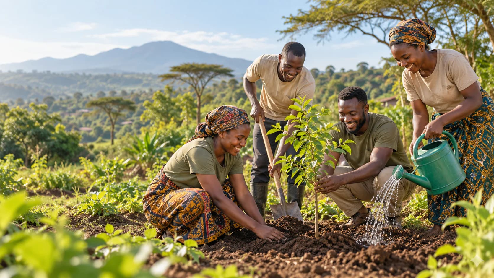 Illustration of four people planting and watering a young tree in freshly dug soil, with green hills and a distant mountain behind